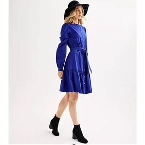 Draper James blue black pinstripes long sleeve button up medium dress lined